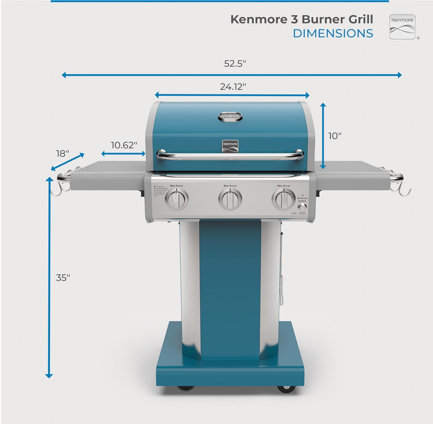 3-Burner Propane BBQ Grill, 30,000 BTUs Gas Grill with Cast Iron Cooking Grates, Folding Side Tables & Wheels, Outdoor Grill with Tool Hooks, Teal