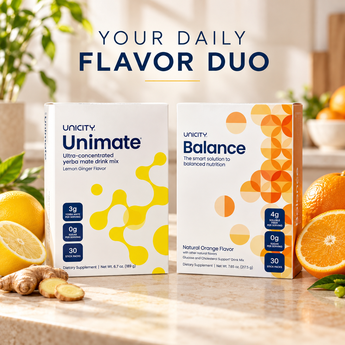Unicity Unimate Lemon Ginger + Balance Natural Orange Mixed Pack – 2 Boxes