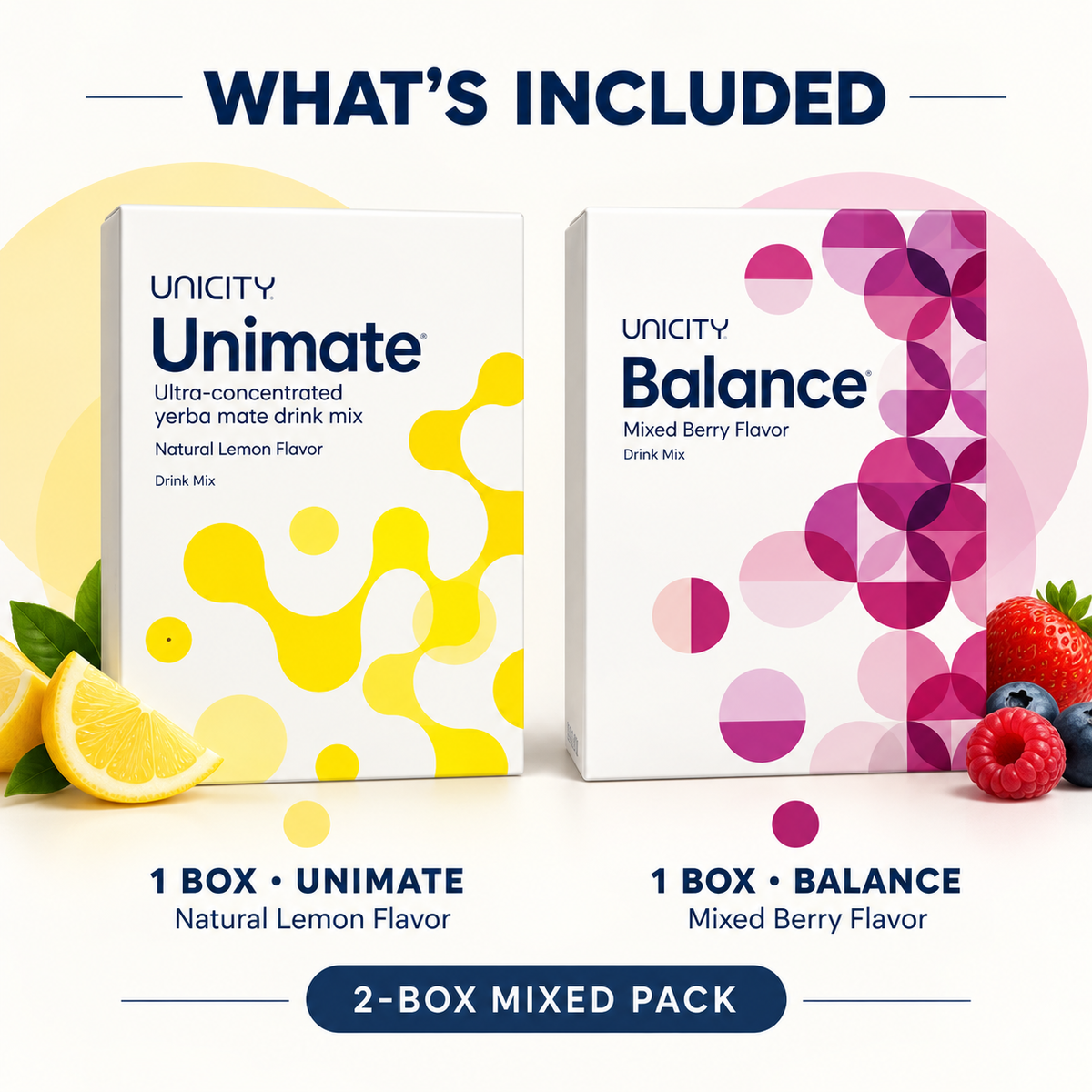 Unicity Unimate Natural Lemon + Balance Mixed Berry Mixed Pack – 2 Boxes