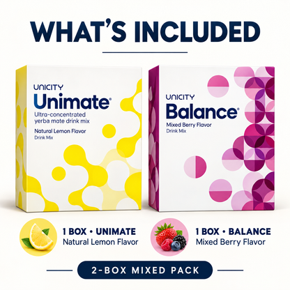 Unicity Unimate Lemon Ginger + Balance Mixed Berry Mixed Pack – 2 Boxes