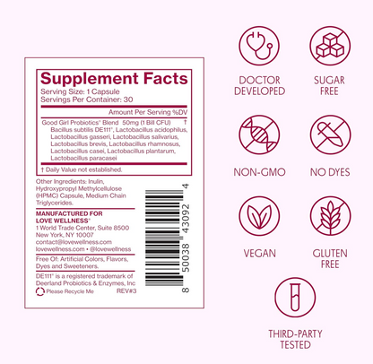 Love Wellness Good Girl Probiotics | Women’s Vaginal Health & pH Balance Supplement 2 PACK(60 DAYS)