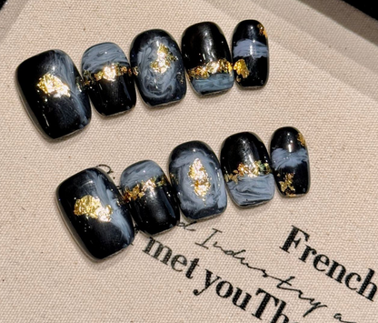 Short Coffin French Full Cover Acrylic Nails Press on Nails Black Smudge Handmade Nails Design 10 pcs  #2324