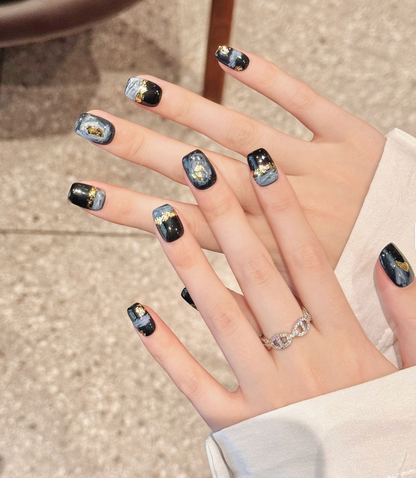 Short Coffin French Full Cover Acrylic Nails Press on Nails Black Smudge Handmade Nails Design 10 pcs  #2324