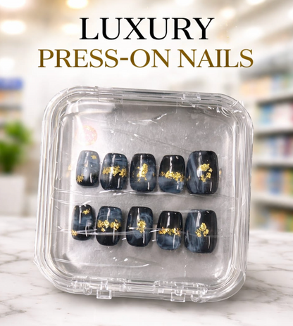 Short Coffin French Full Cover Acrylic Nails Press on Nails Black Smudge Handmade Nails Design 10 pcs  #2324