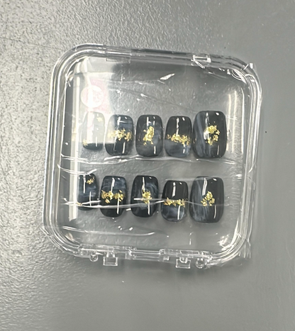 Short Coffin French Full Cover Acrylic Nails Press on Nails Black Smudge Handmade Nails Design 10 pcs  #2324