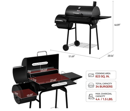Charcoal Grill and Offset Smoker, 823 Square Inch cooking surface, Outdoor for Camping