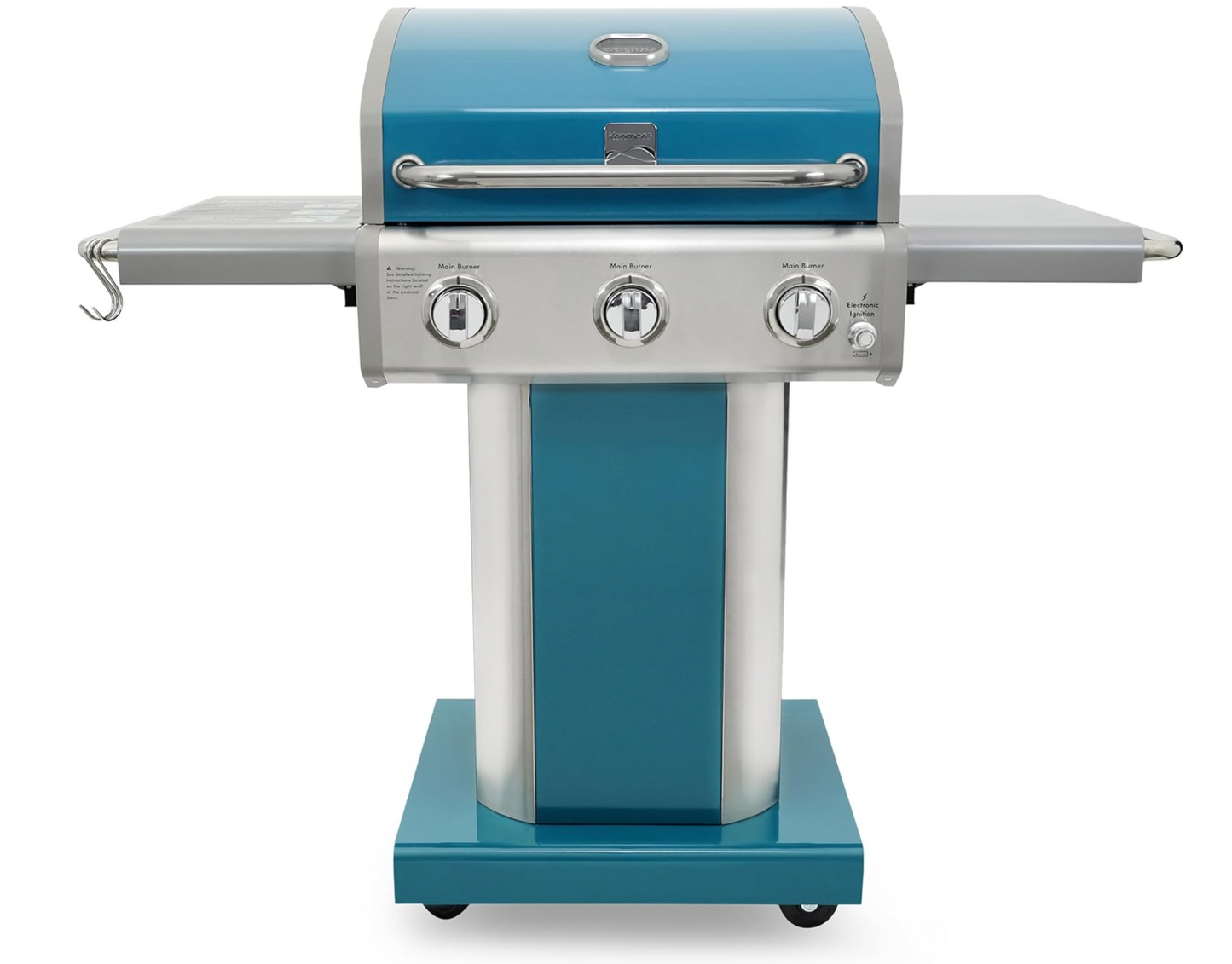 3-Burner Propane BBQ Grill, 30,000 BTUs Gas Grill with Cast Iron Cooking Grates, Folding Side Tables & Wheels, Outdoor Grill with Tool Hooks, Teal