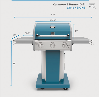 3-Burner Propane BBQ Grill, 30,000 BTUs Gas Grill with Cast Iron Cooking Grates, Folding Side Tables & Wheels, Outdoor Grill with Tool Hooks, Teal