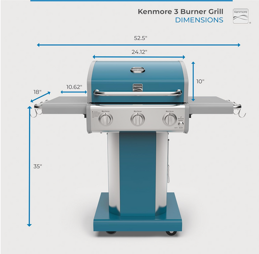 3-Burner Propane BBQ Grill, 30,000 BTUs Gas Grill with Cast Iron Cooking Grates, Folding Side Tables & Wheels, Outdoor Grill with Tool Hooks, Teal