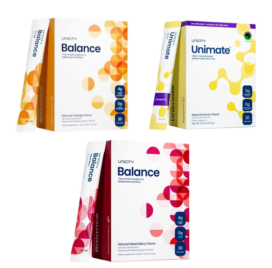 Unicity Drink Mix Trio Pack, Orange Balance, Lemon Unimate & Mixed Berry Balance, 90 Sachets