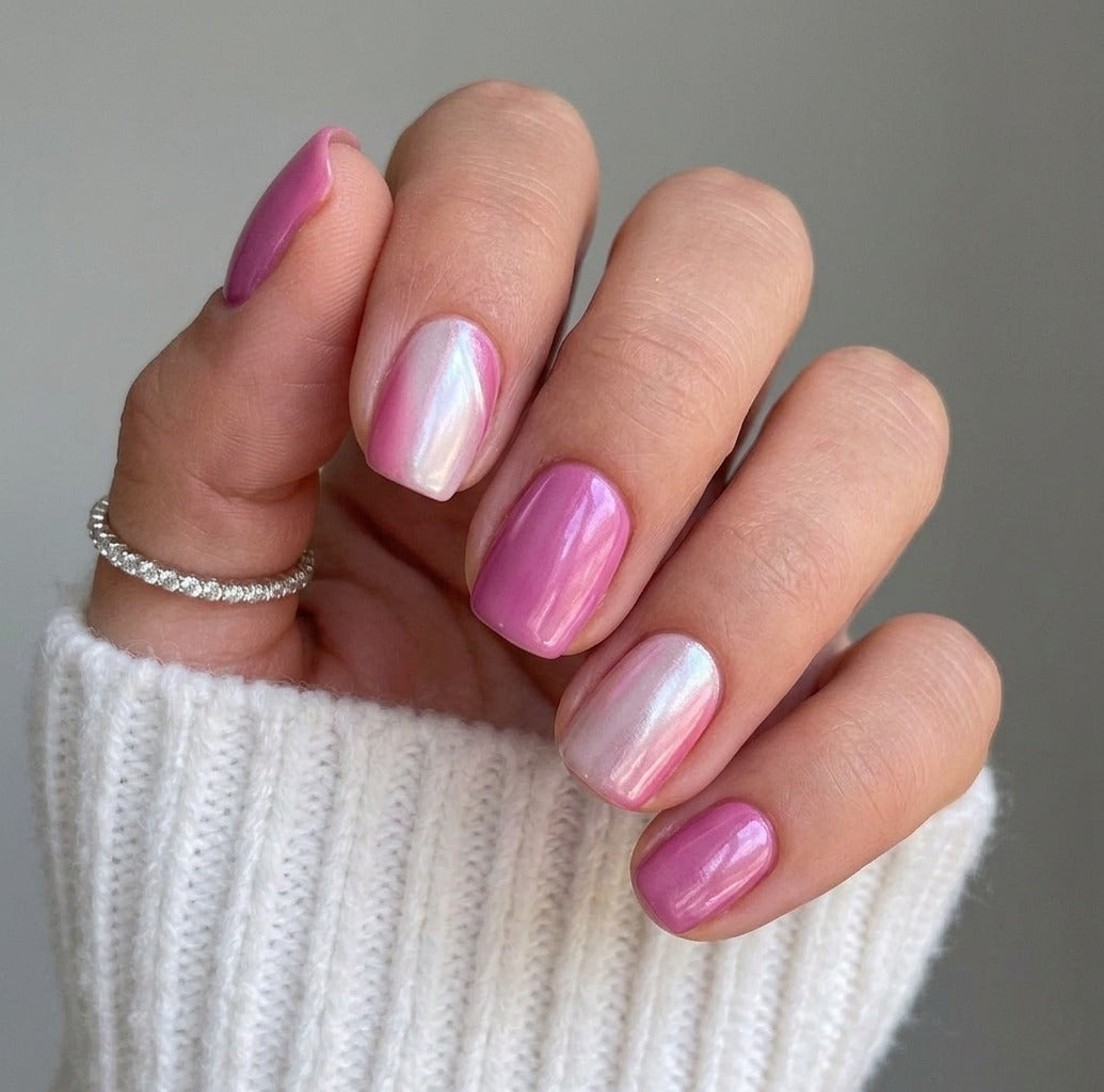 Short Coffin French Full Cover Acrylic Nails Press on Nails pink Smudge Handmade Nails Design 10 pcs