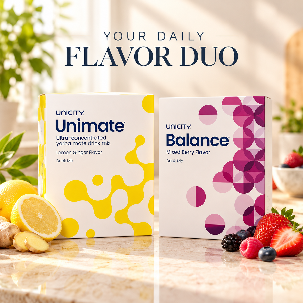 Unicity Unimate Lemon Ginger + Balance Mixed Berry Mixed Pack – 2 Boxes