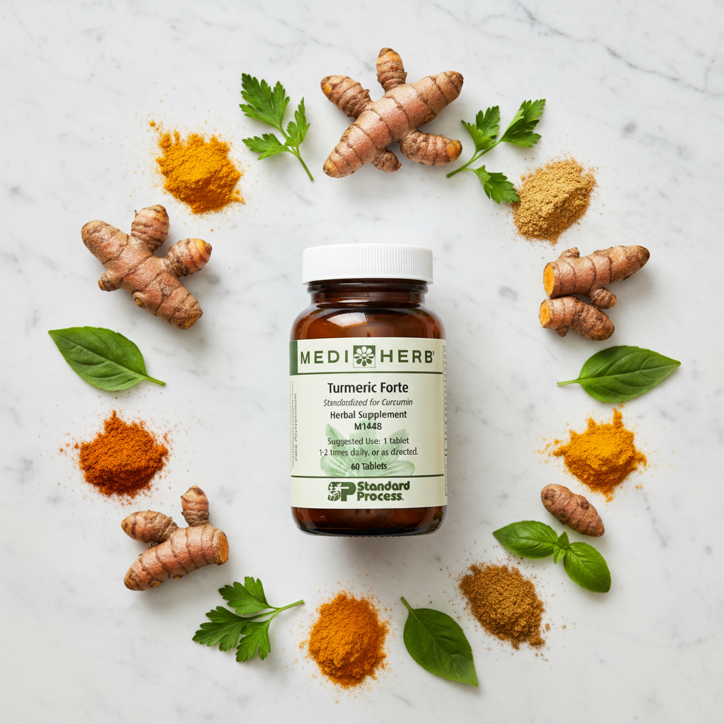 MediHerb Turmeric Forte flat lay with curcumin ingredients