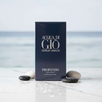 Acqua di Gio Profondo on White Marble with Ocean Elements