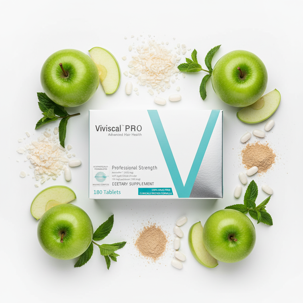 Viviscal PRO supplement flat lay with marine complex ingredients