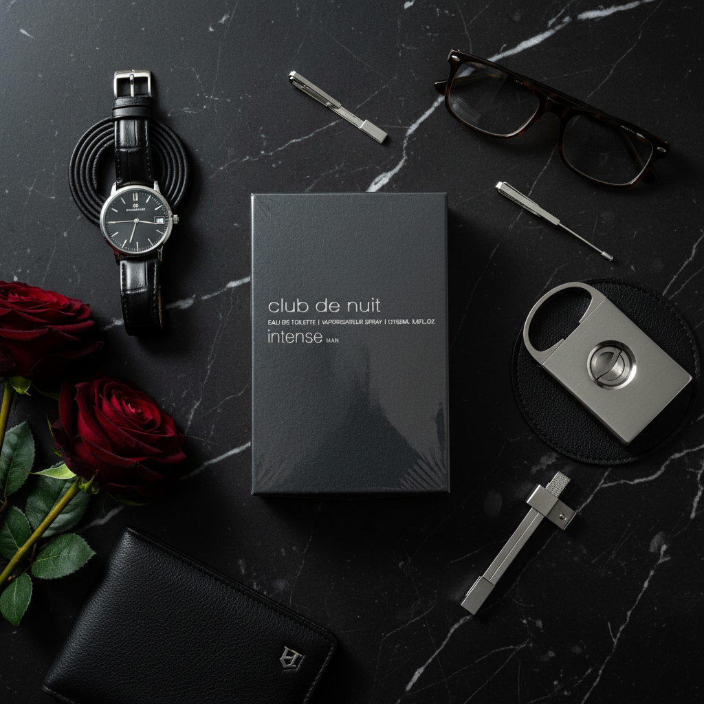 Armaf Club de Nuit Intense luxury dark flat lay