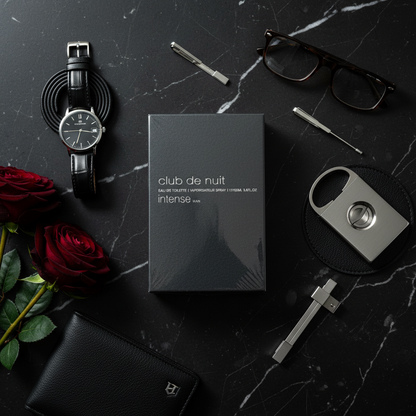 Armaf Club de Nuit Intense luxury dark flat lay