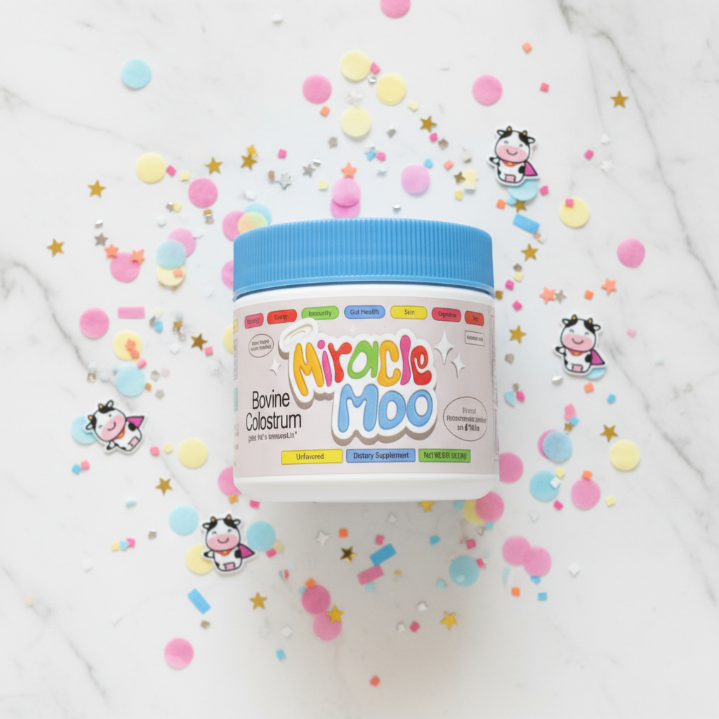 Miracle Moo Bovine Colostrum flat lay product photo