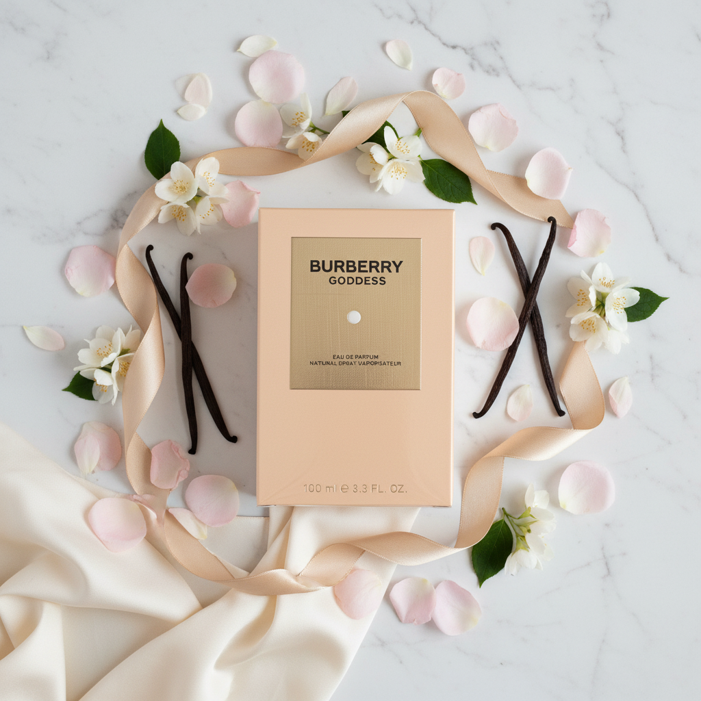 Burberry Goddess luxury floral flat lay