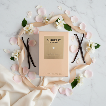 Burberry Goddess luxury floral flat lay