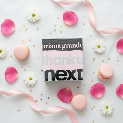 Ariana Grande Thank U Next glamorous flat lay with pink flowers