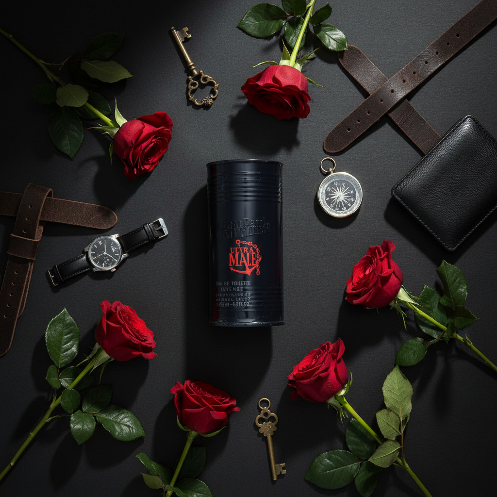 Jean Paul Gaultier Ultra Male Intense dark masculine flat lay photo