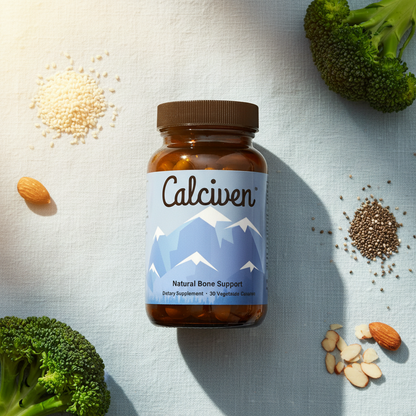 Calciven Bone Support Supplement Flat Lay on Blue Linen with Natural Ingredients