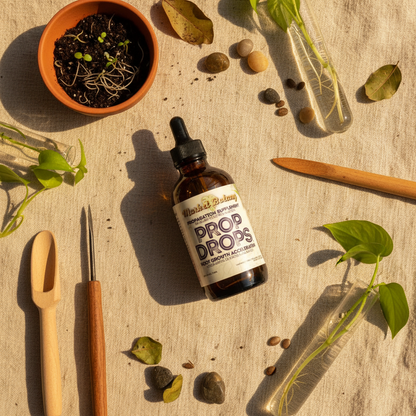 Prop Drops Bottle Earthy Flat Lay with Seedlings and Propagation Tools