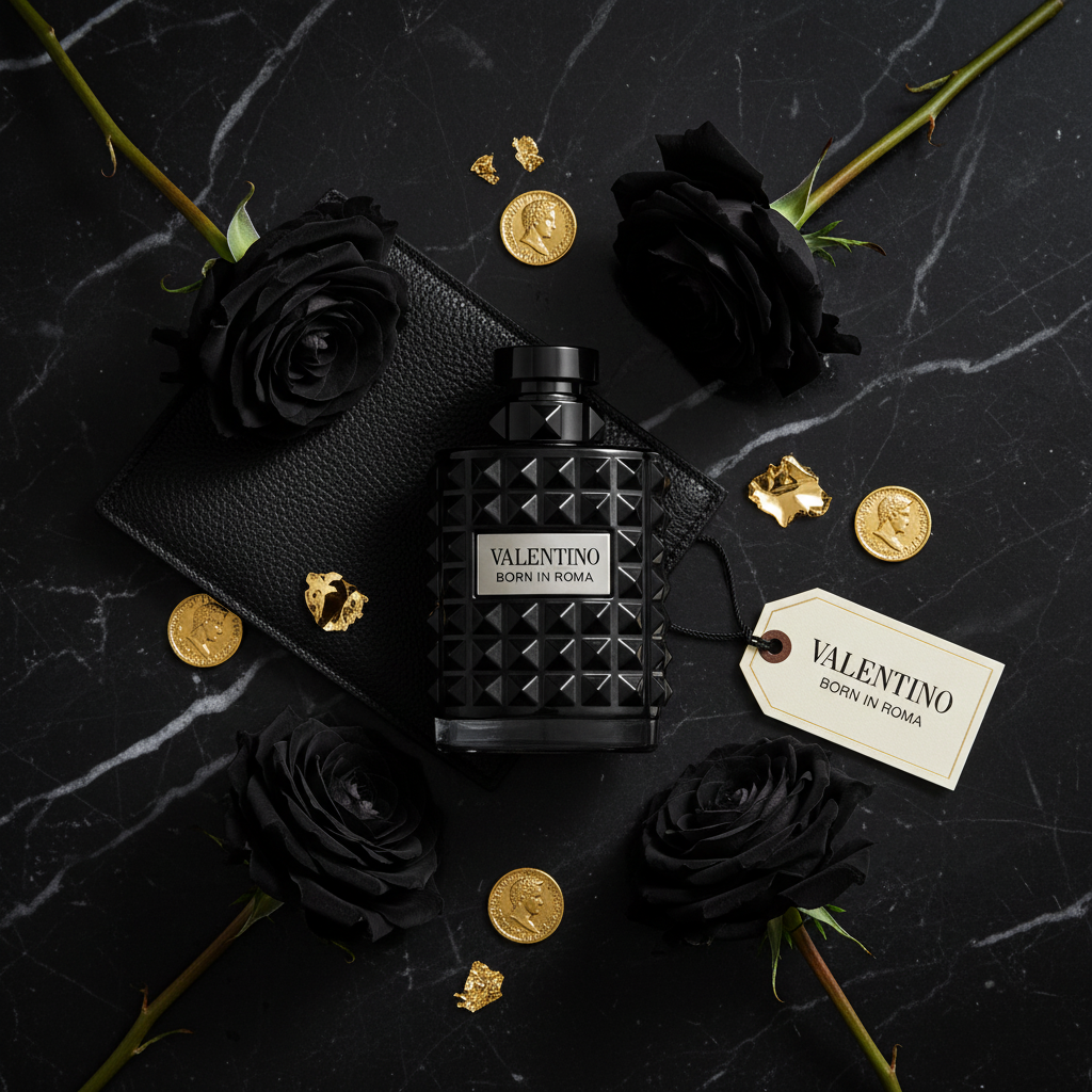 Valentino Uomo Born in Roma luxury dark flat lay product photo