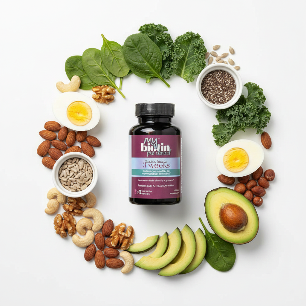 My Biotin Pro Clinical biotin supplement flat lay with natural foods
