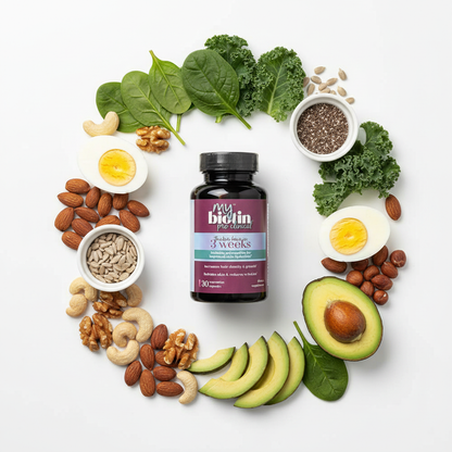 My Biotin Pro Clinical biotin supplement flat lay with natural foods