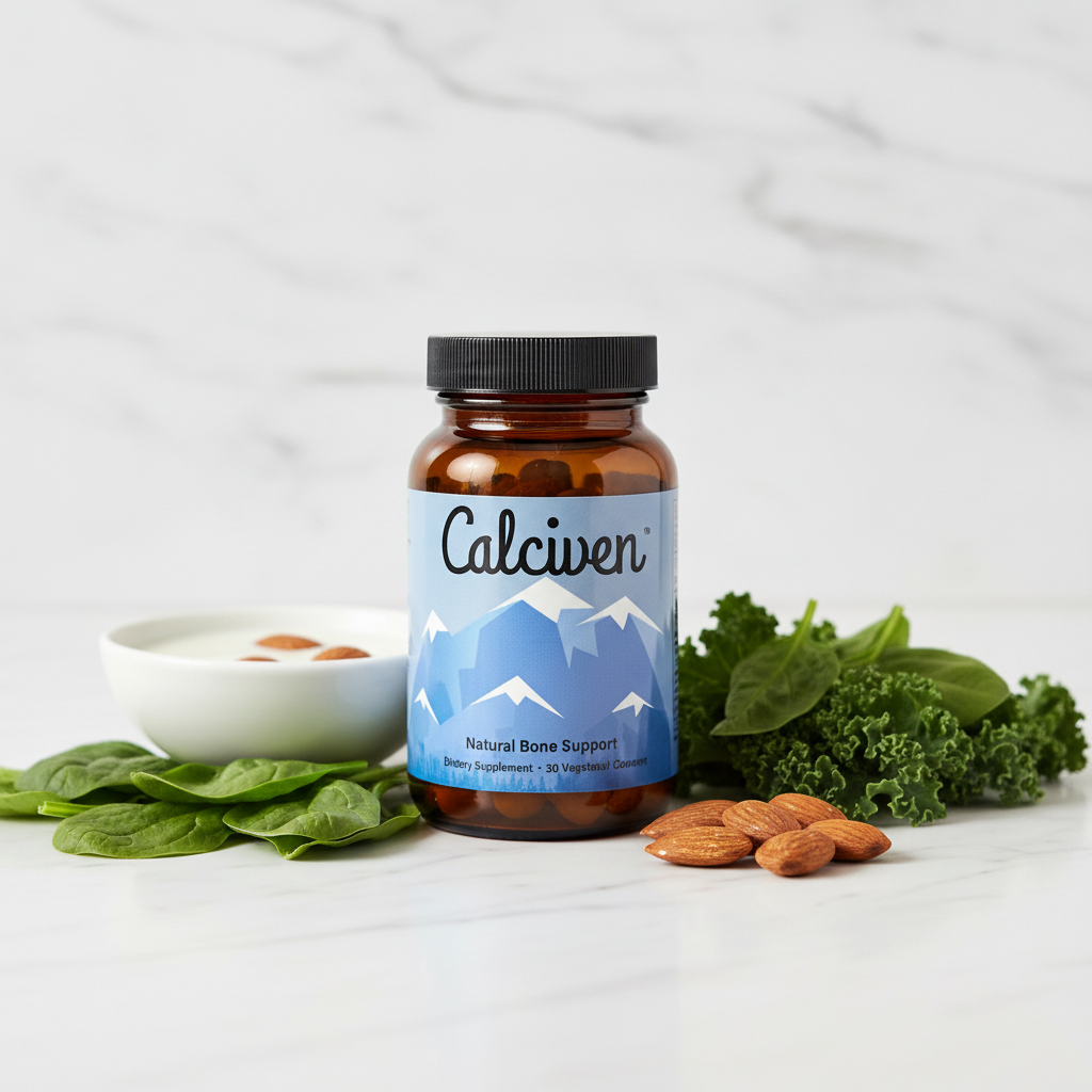 Calciven Bone Support Supplement on White Marble with Calcium-Rich Foods