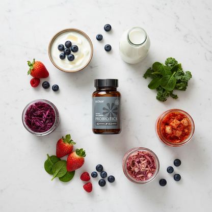 BIOMA Probiotics flat lay with probiotic foods