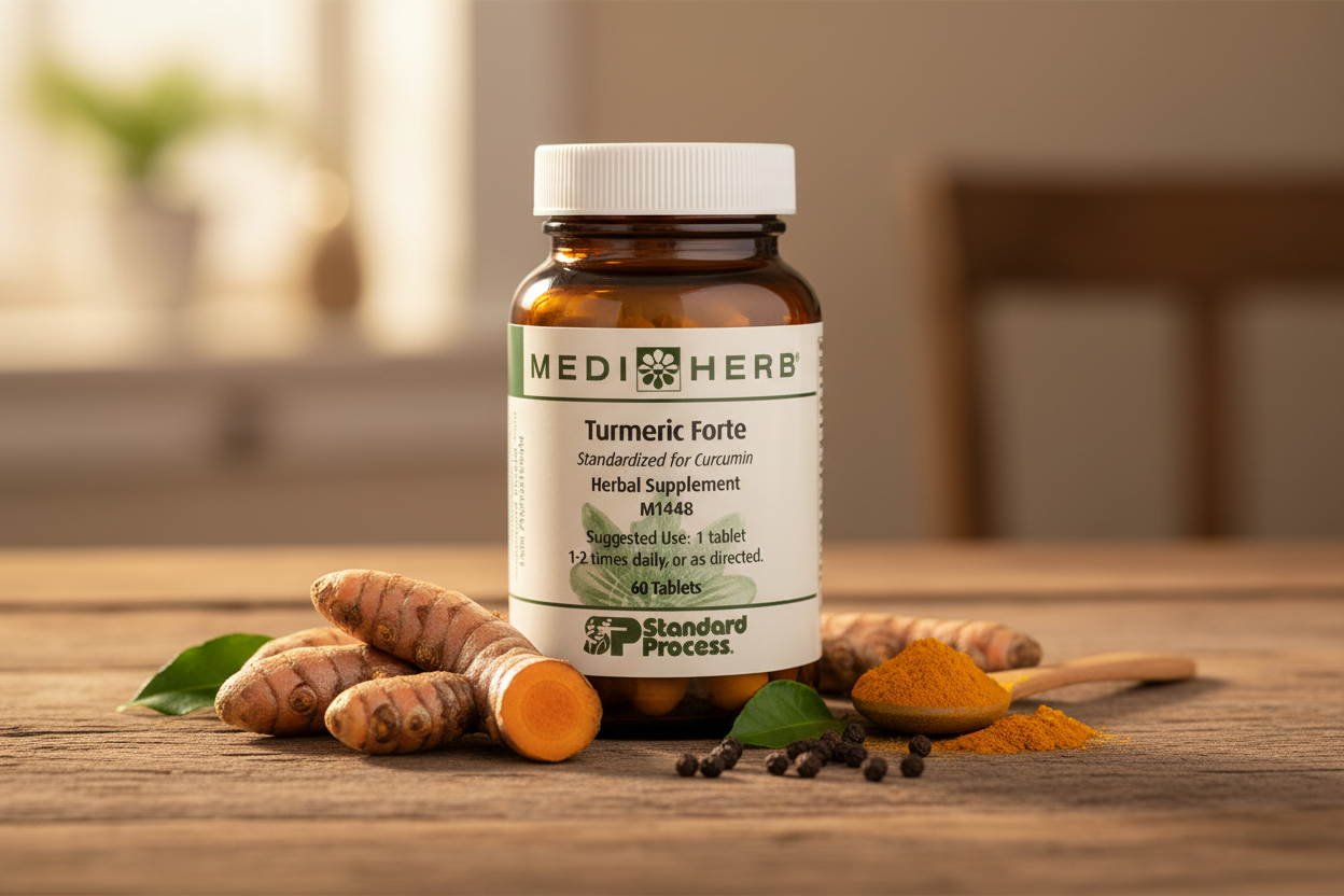 MediHerb Turmeric Forte lifestyle photo with turmeric root