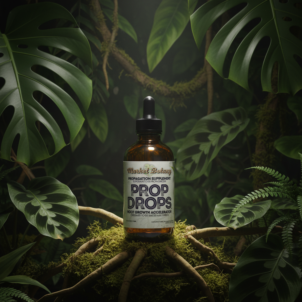 Prop Drops Bottle on Dark Green Jungle Botanical Background