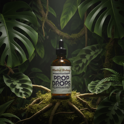 Prop Drops Bottle on Dark Green Jungle Botanical Background