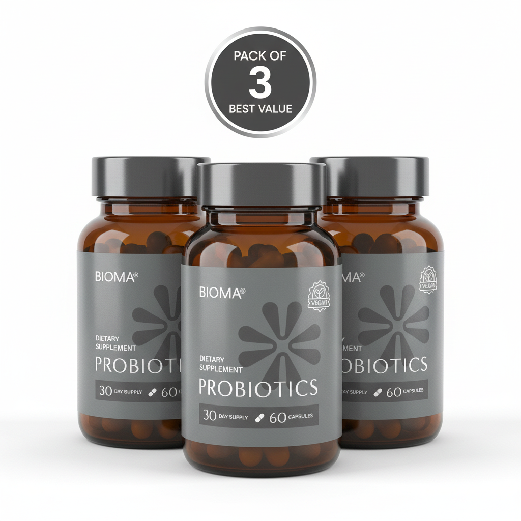 BIOMA Probiotics vegan gut health supplement Pack of 3 bottles best value