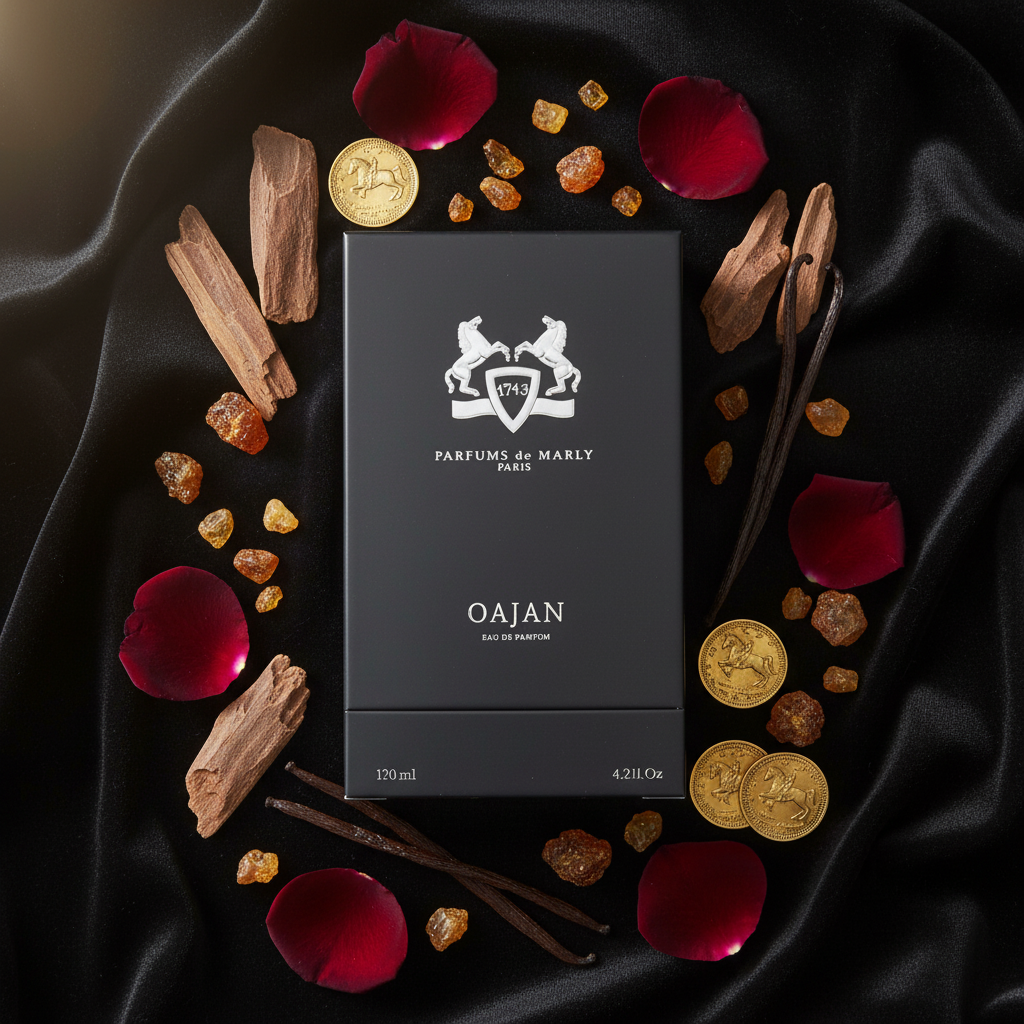 Parfums de Marly Oajan royal dark flat lay with oud ingredients