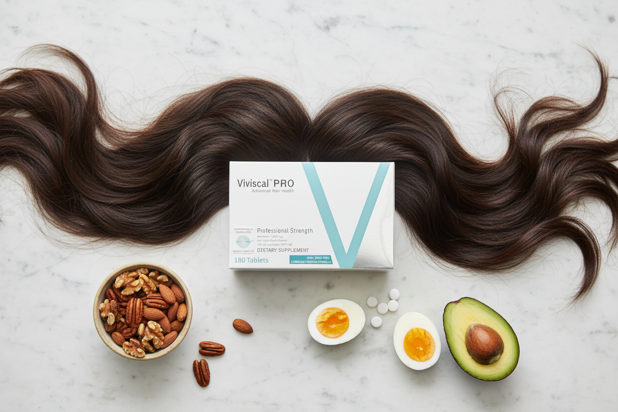 Viviscal PRO hair growth supplement lifestyle photo with healthy hair