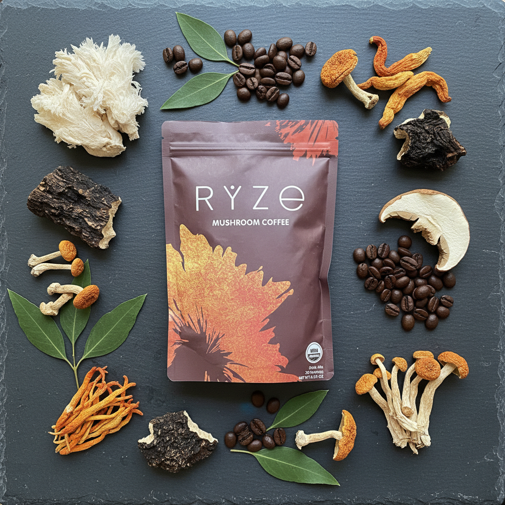 RYZE Mushroom Coffee flat lay with mushroom ingredients