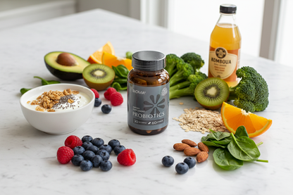 BIOMA Probiotics lifestyle photo with gut health foods