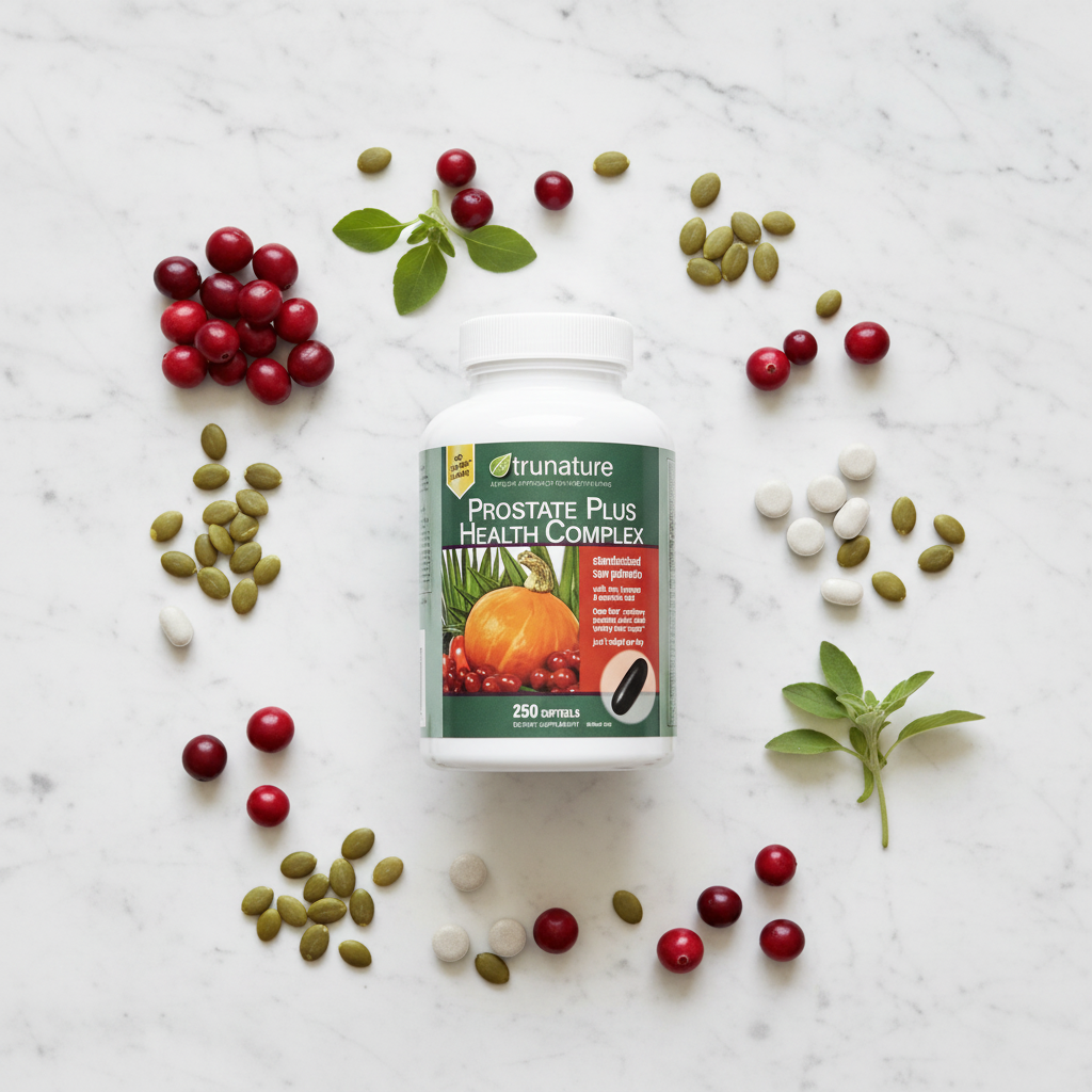 TruNature Prostate Plus flat lay with saw palmetto and pumpkin seeds