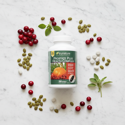 TruNature Prostate Plus flat lay with saw palmetto and pumpkin seeds