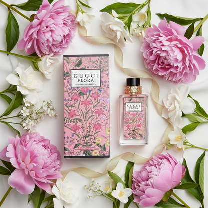 Gucci Flora Gorgeous Gardenia luxury floral flat lay