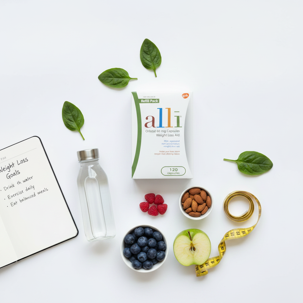 Alli Orlistat 60mg weight loss goal flat lay