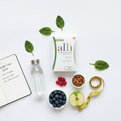 Alli Orlistat 60mg weight loss goal flat lay