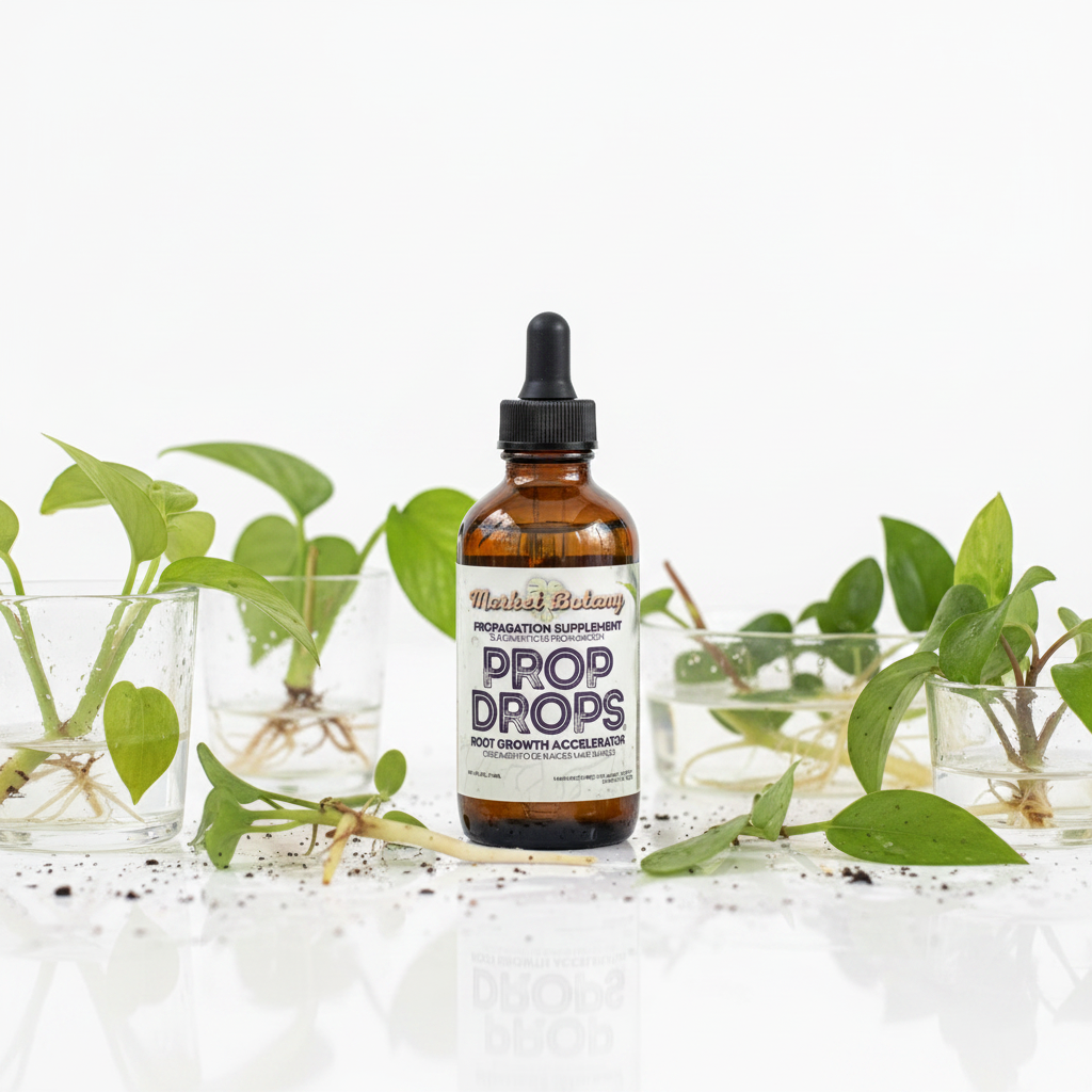 Prop Drops Bottle on White Background with Plant Cuttings and Roots