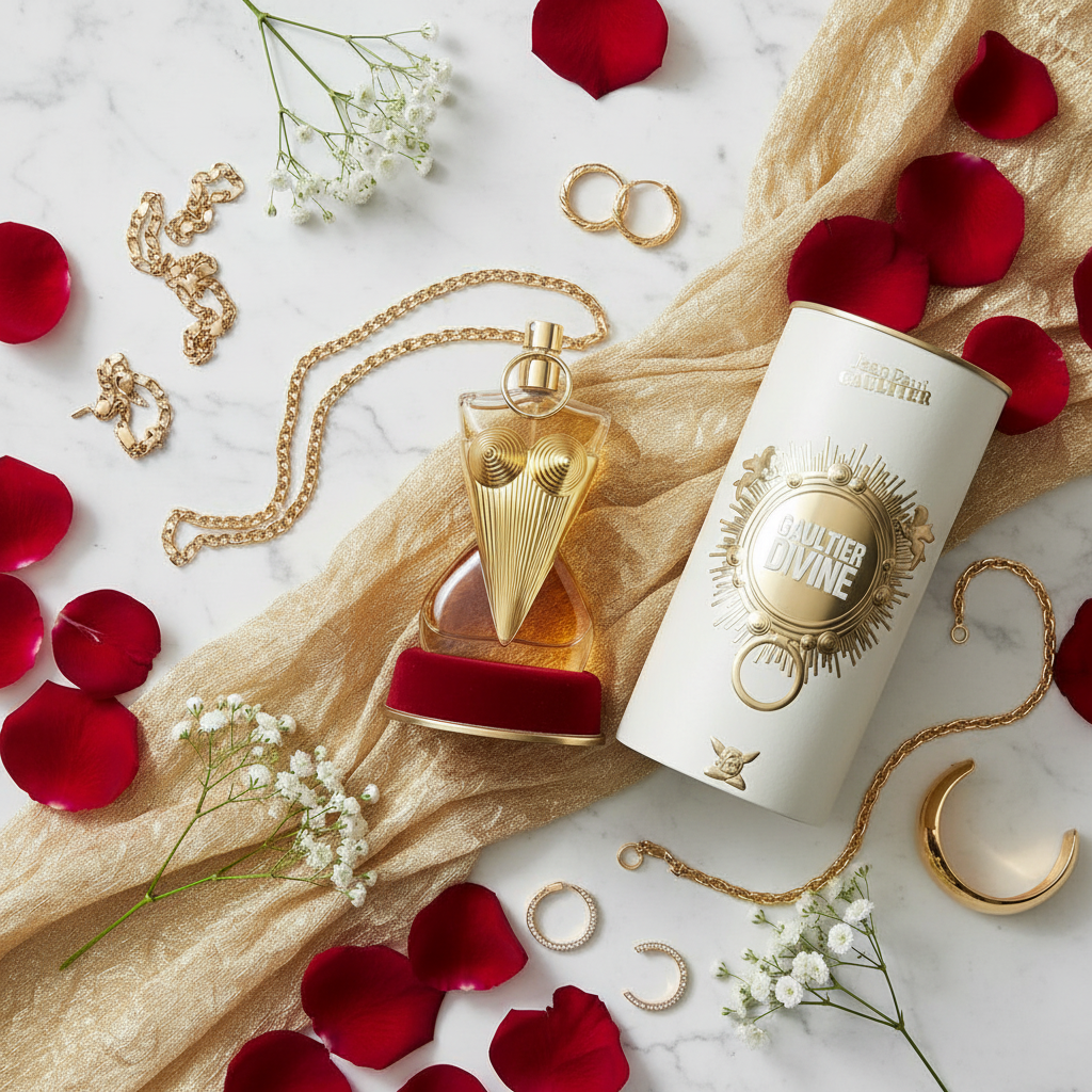 Jean Paul Gaultier Gaultier Divine elegant flat lay with gold and flowers