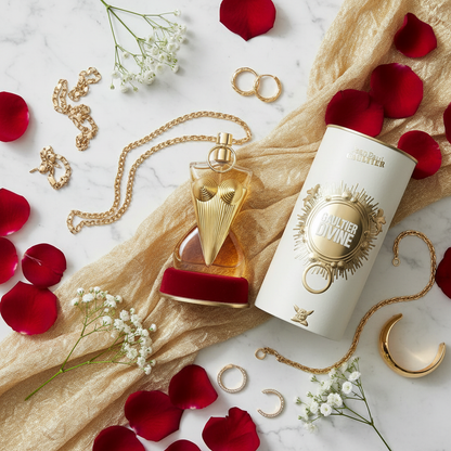 Jean Paul Gaultier Gaultier Divine elegant flat lay with gold and flowers